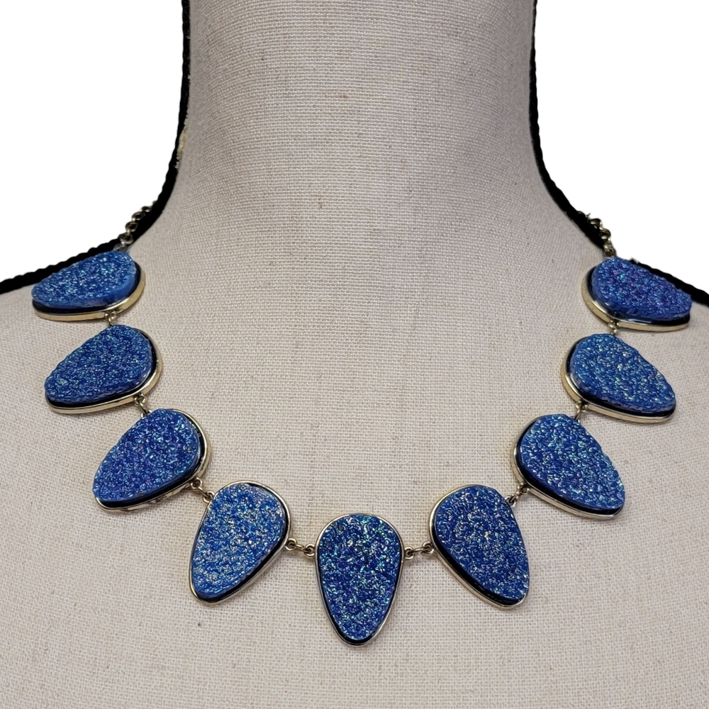 Blue Druzy‎ Statement Necklace 21" Gold Tone Bib Collar Sparkly Iridescent Gift
